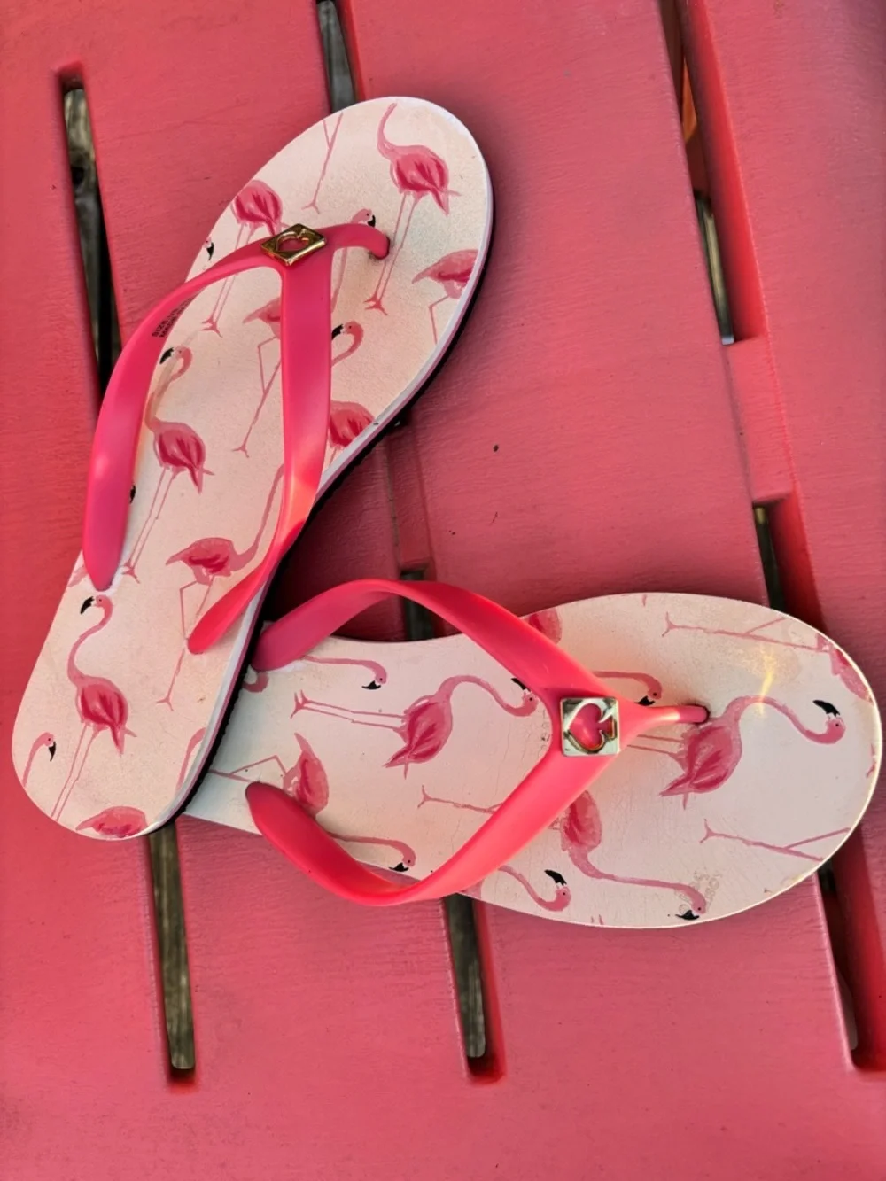 kate spade Pink Flamingo Print Flip Flop Casual Sandals with Gold Logo Size 9